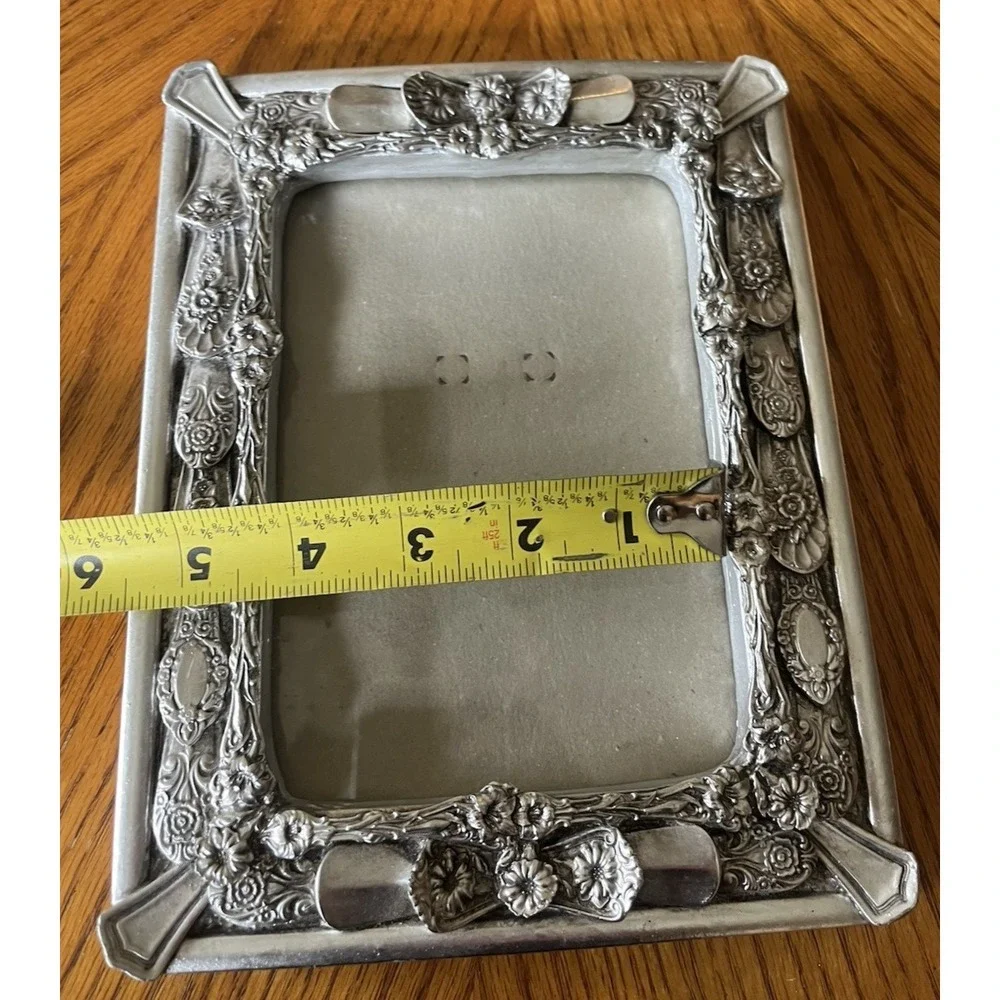 Vintage Ornate Picture Photo Frame Silver Metal Flatware Spoon Ends Handles 5x7